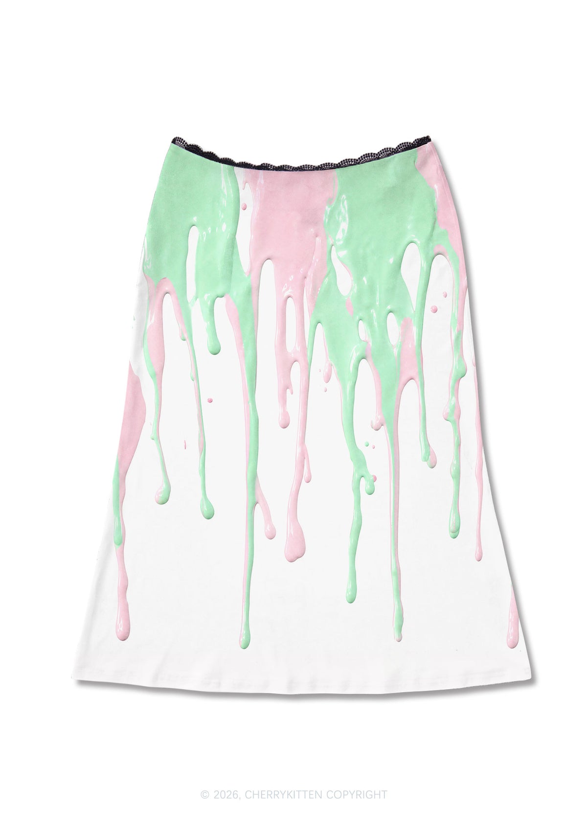 Pink Mint Green Dripping Liquid Y2K Print Midi Skirt Cherrykitten