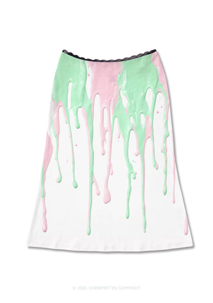 Pink Mint Green Dripping Liquid Y2K Print Midi Skirt Cherrykitten