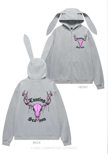 Cunting Season Skull Y2K Bunny Ear Zip Hoodie Cherrykitten