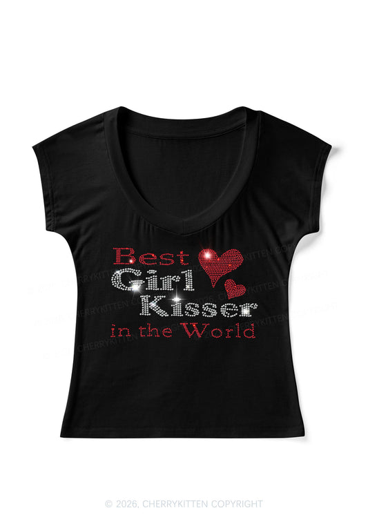 Rhinestone Best Girl Kisser Pride Y2K V Neck T Shirts Cherrykitten