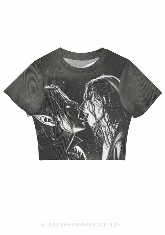 Halloween Two Vampire Figures Y2K Mesh Crop Top Cherrykitten