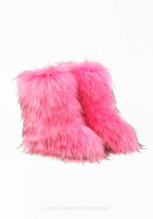 Hot Pink Faux Fur Y2K Mid Calf Boots Cherrykitten