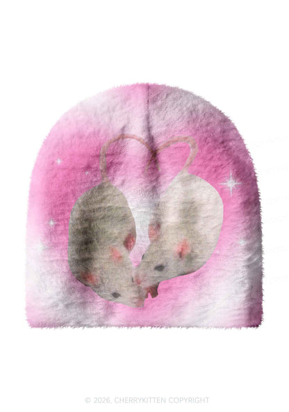 Pink Sweet Rats Valentine's Day Y2K Print Knit Beanie Cherrykitten