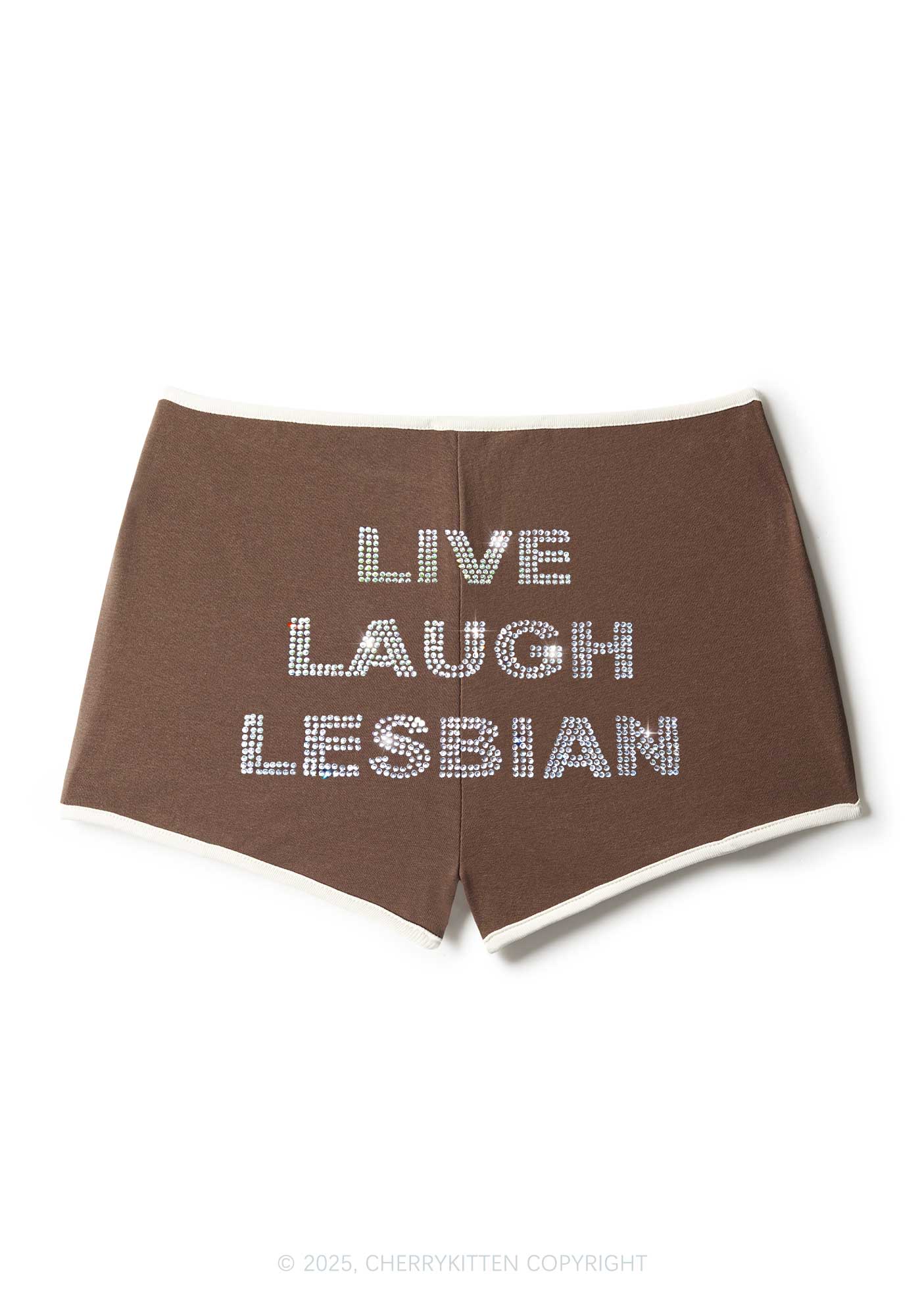 Rhinestone Live Laugh Lesbian Pride Y2K Booty Shorts Cherrykitten
