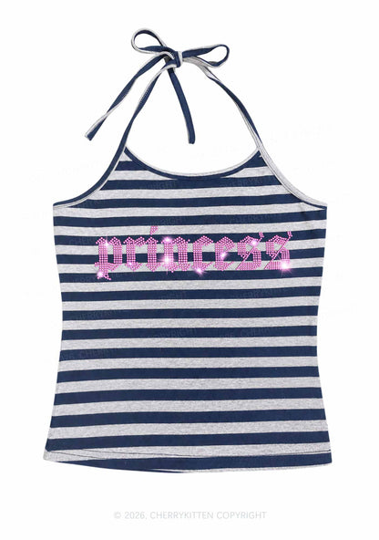 Rhinestone Princess Y2K Navy Grey Striped Halter Neck Cami Cherrykitten