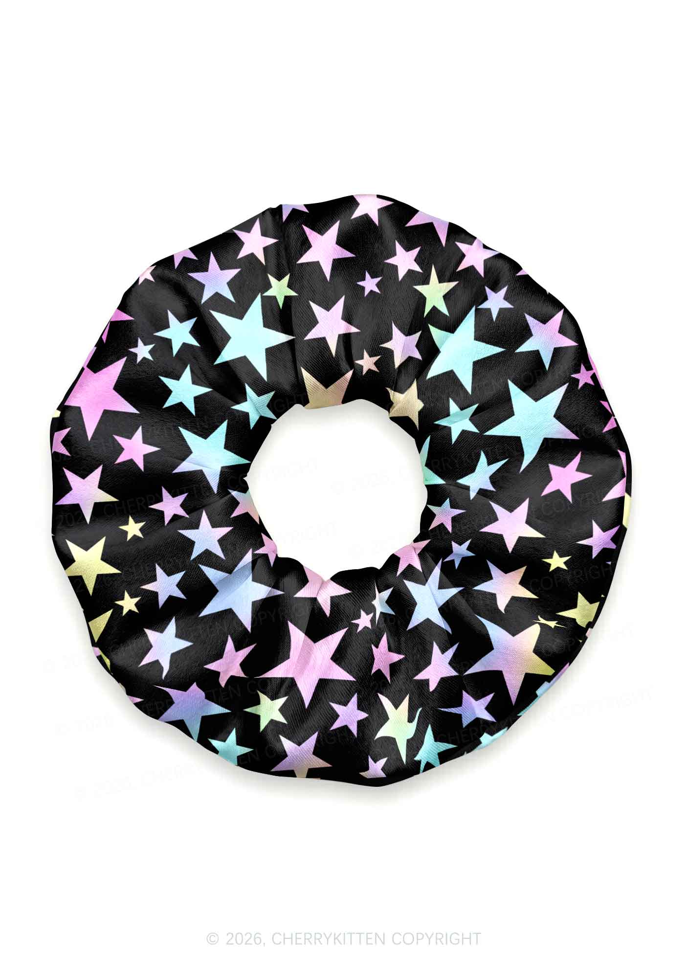 Pastel Star On Black Y2K Hair Scrunchie Cherrykitten