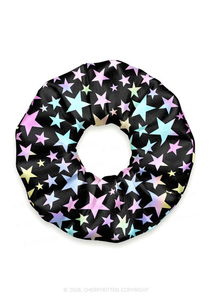 Pastel Star On Black Y2K Hair Scrunchie Cherrykitten