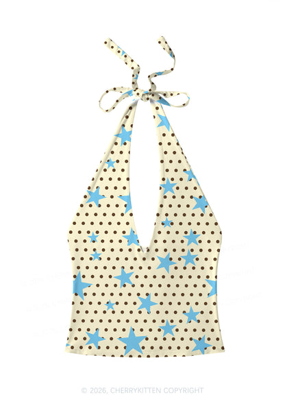 Dots With Blue Star Y2K Print Halter Deep V Neck Cami Cherrykitten