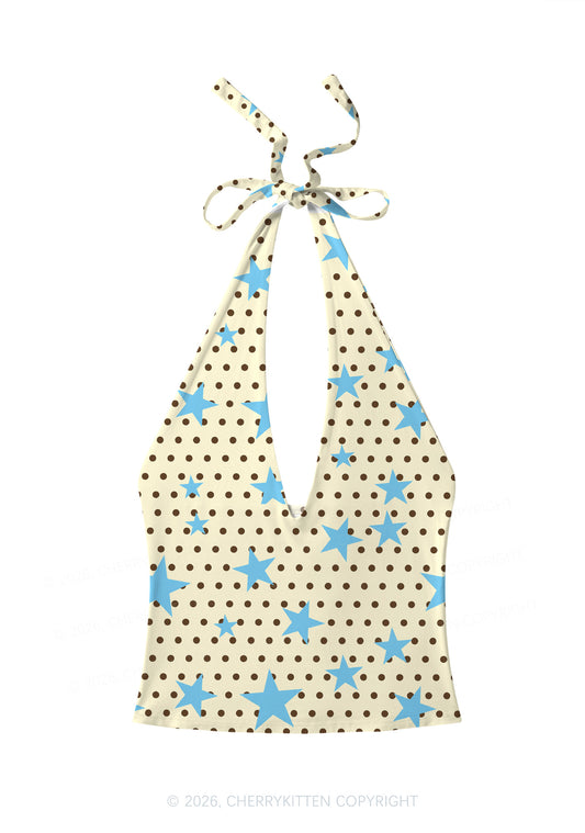 Dots With Blue Star Y2K Print Halter Deep V Neck Cami Cherrykitten