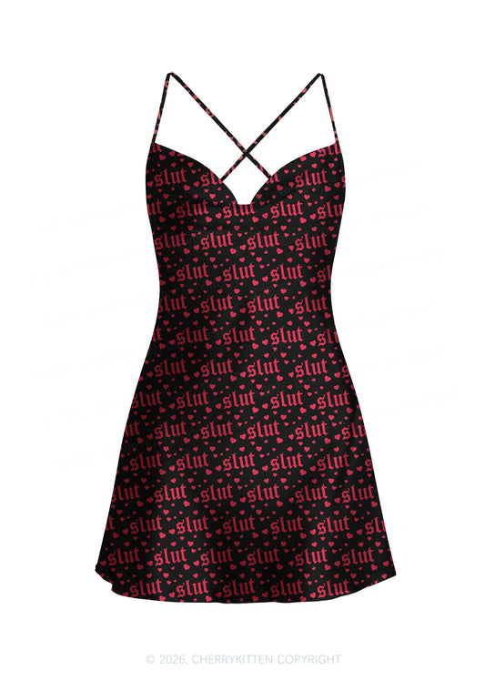 Black Slxt Y2K Print Satin Cowl Neck Slip Dress Cherrykitten