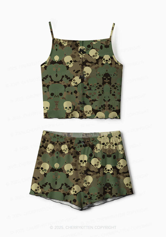 Halloween Camouflage Skull Y2K Print Cami Shorts Pajama Set Cherrykitten