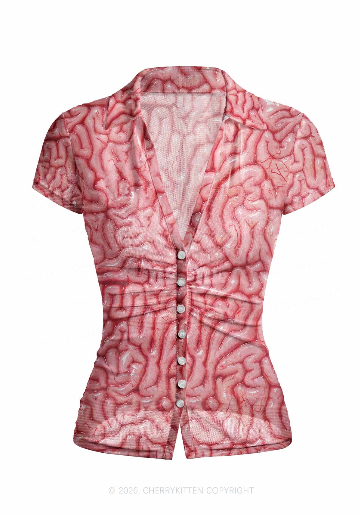 Halloween Fleshy Brain Texture Y2K Mesh Ruched Waist V Neck Top Cherrykitten