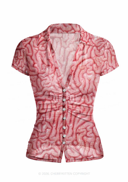 Halloween Fleshy Brain Texture Y2K Mesh Ruched Waist V Neck Top Cherrykitten