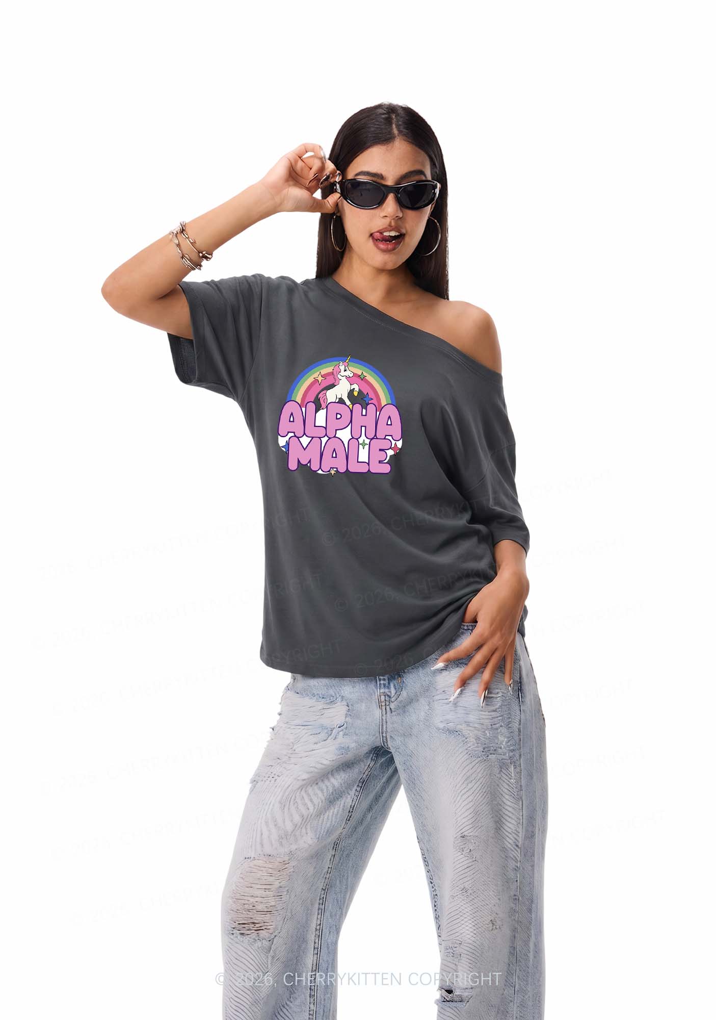 Rainbow Unicorn Alpha Male Y2K Off Shoulder Tee Cherrykitten