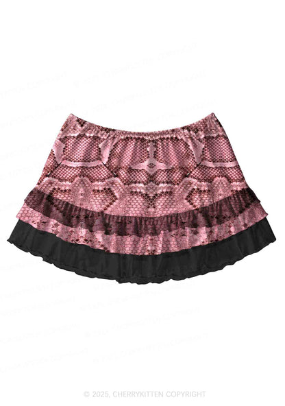 Pink Snake Texture Y2K Print Mini Layered Skirt Cherrykitten