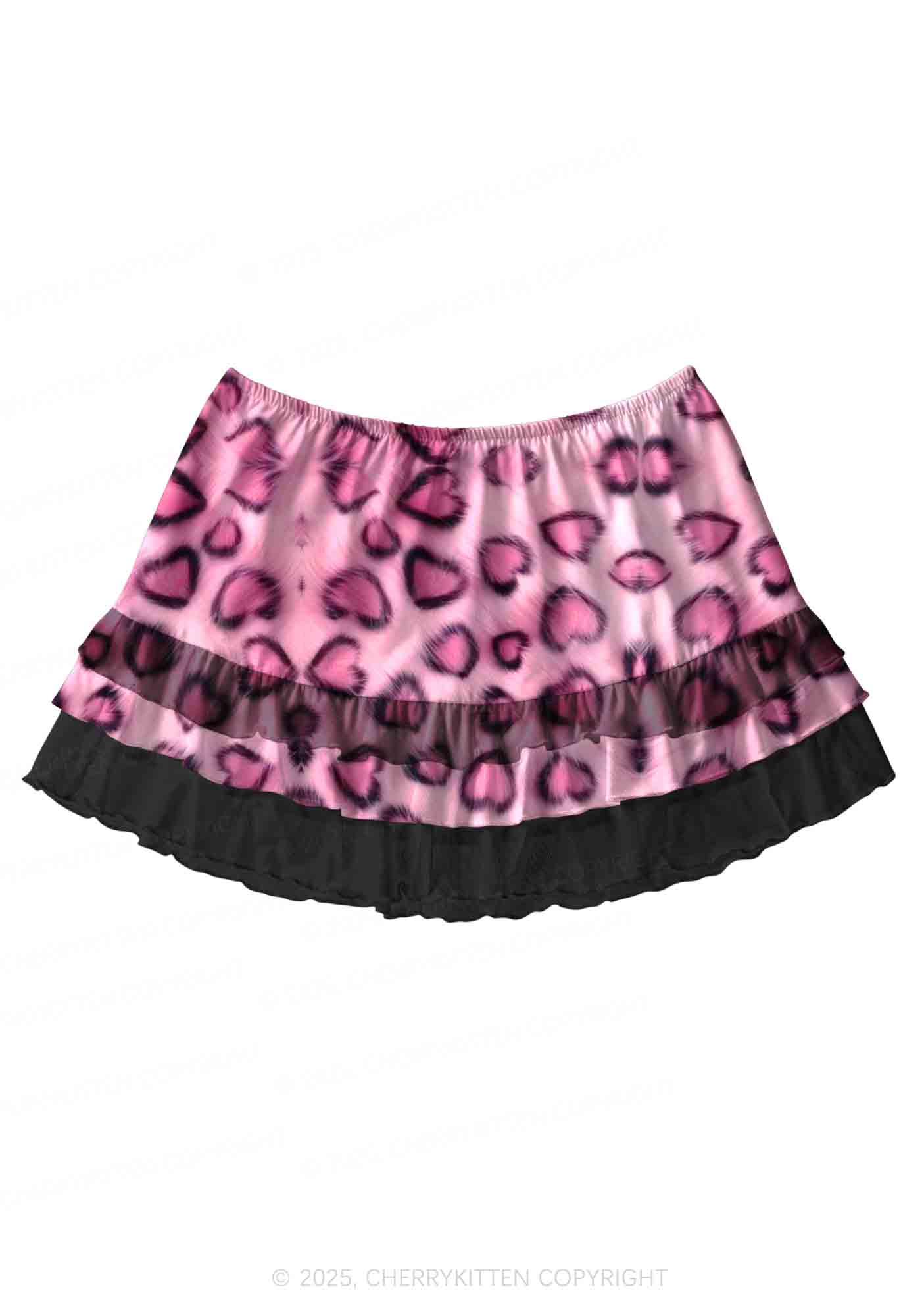 Pink Heart Leopard Y2K Print Mini Layered Skirt Cherrykitten