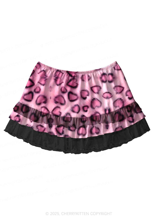 Pink Heart Leopard Y2K Print Mini Layered Skirt Cherrykitten