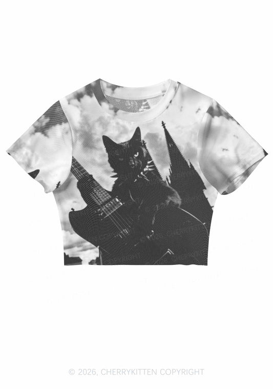 Halloween Guitar Black Cat Y2K Mesh Crop Top Cherrykitten