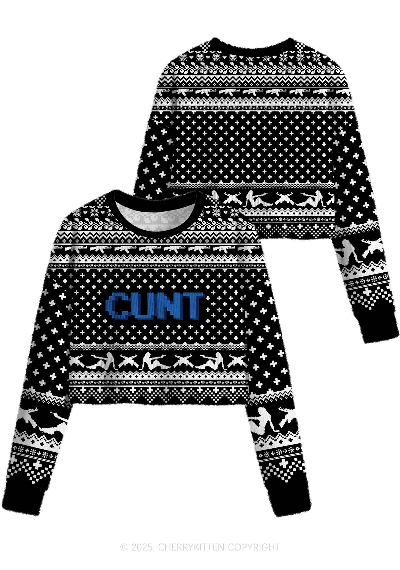 Black Cxxt Y2K Christmas Crop Knit Sweatshirt Cherrykitten