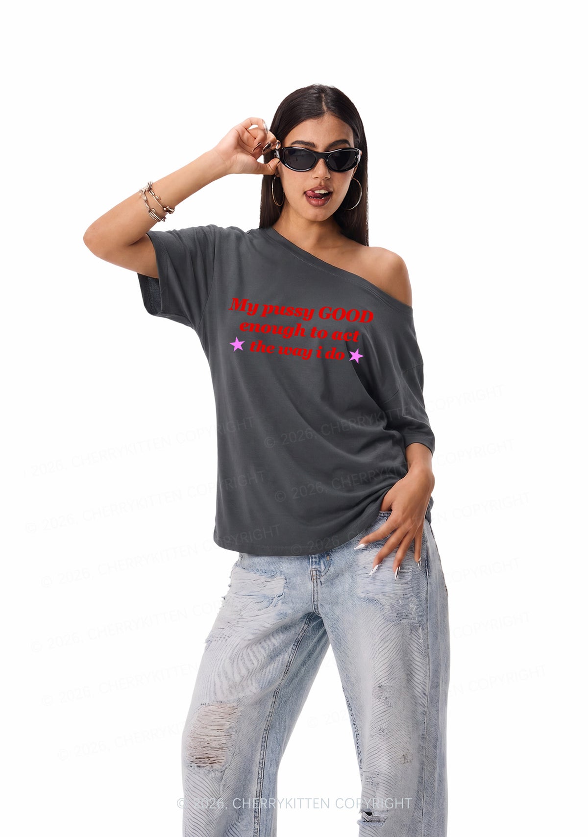 Good Enough To Act Y2K Off Shoulder Tee Cherrykitten