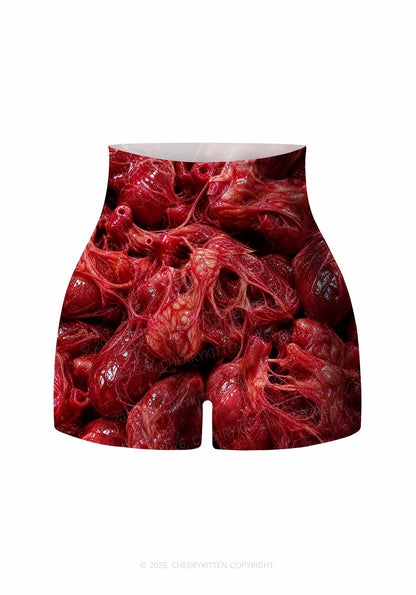 Halloween Red Anatomical Hearts Y2K Print Gym Shorts Cherrykitten