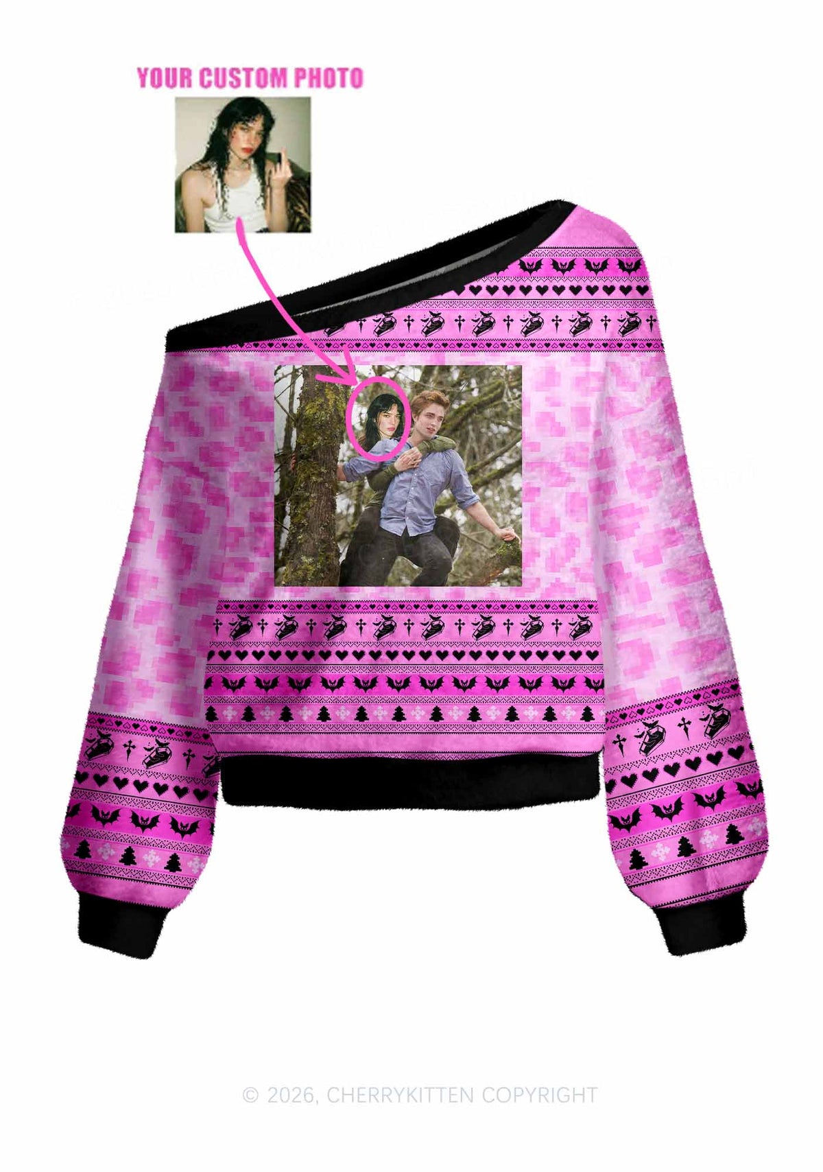 Pink Custom Face Y2K Off Shoulder Knit Sweatshirt Cherrykitten