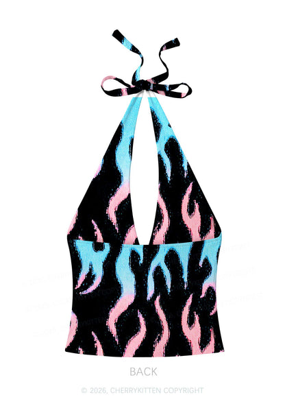 Trans Flame Pride Y2K Print Halter Deep V Neck Cami Cherrykitten
