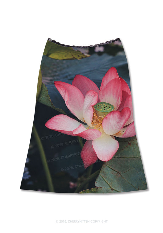 Pink Lotus Pond Y2K Print Midi Skirt Cherrykitten