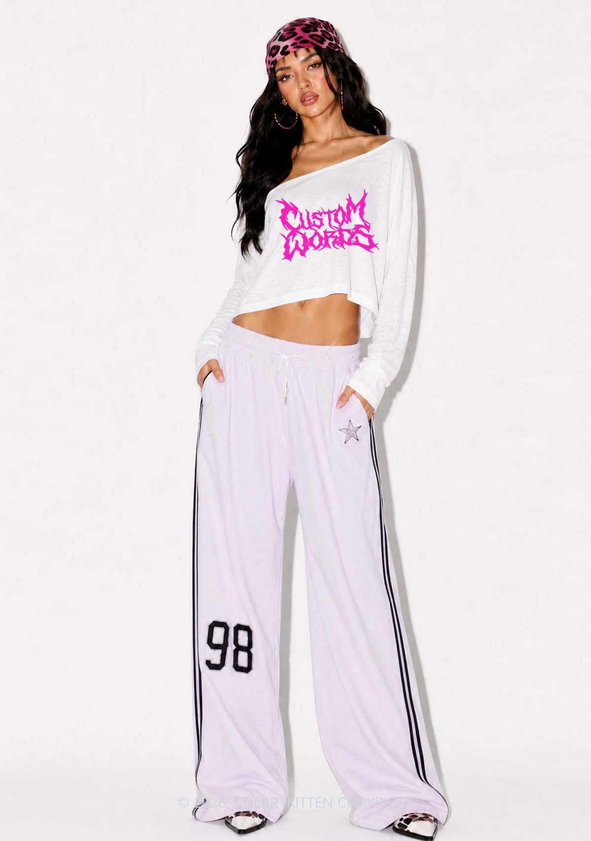 Custom Text Punk Font Y2K Off Shoulder Long Sleeve Crop Top Cherrykitten