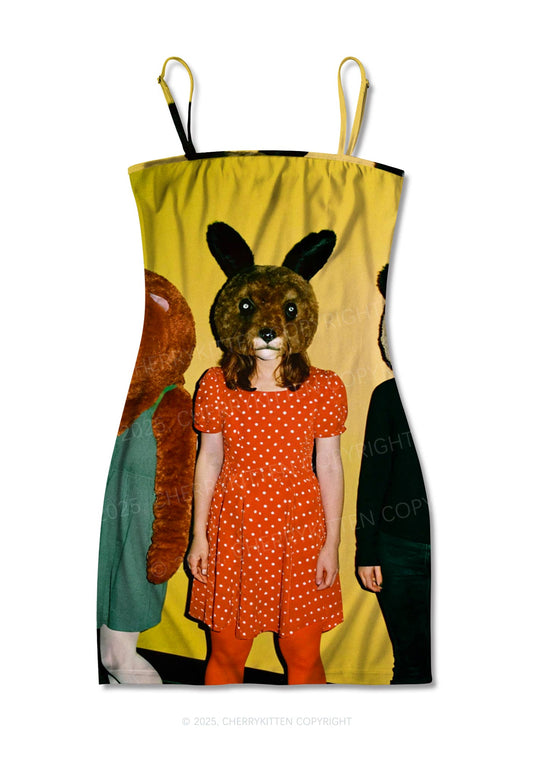 Rabbit Mask Girl Y2K Print Slip Dress Cherrykitten
