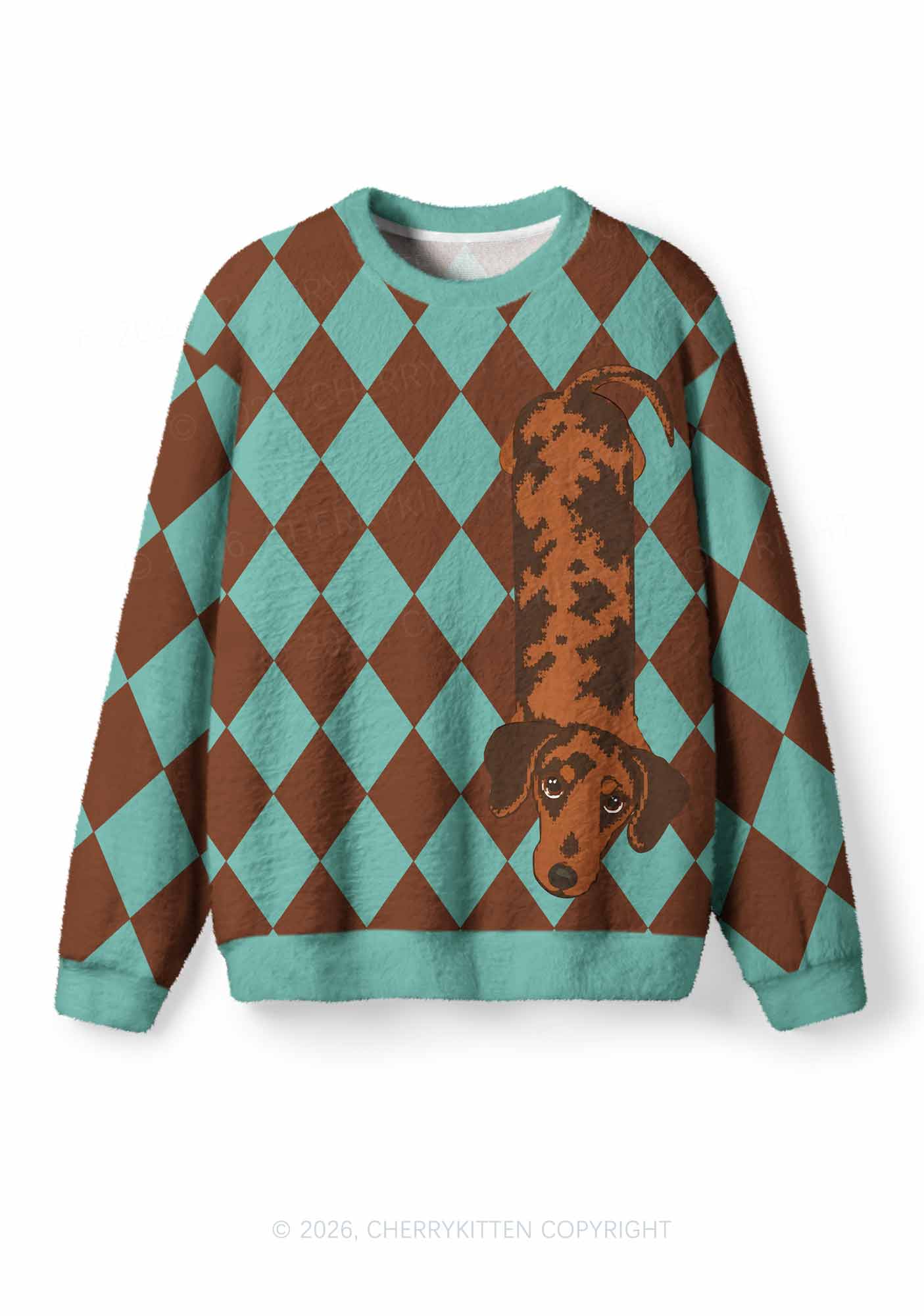 Plaid Dachshund Y2K Knit Sweatshirt Cherrykitten