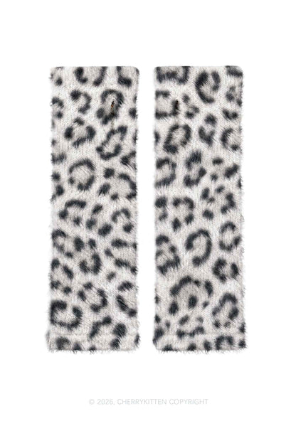 White Leopard Y2K Print Fuzzy Arm Warmers Cherrykitten