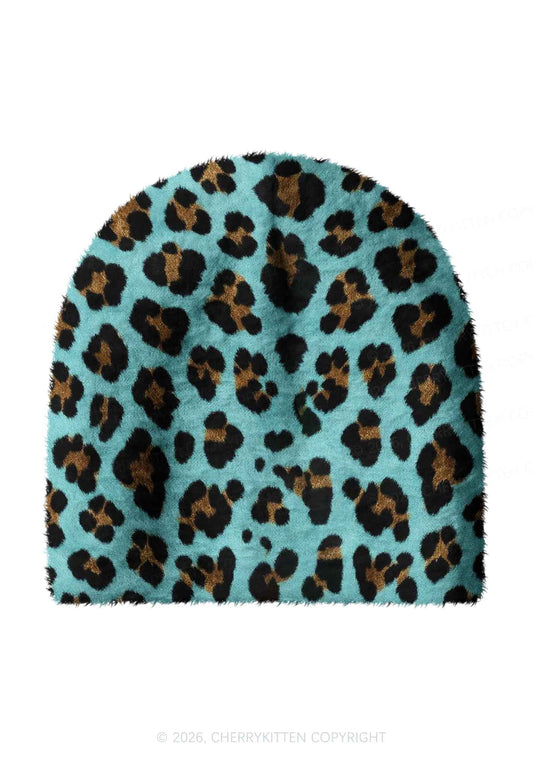 Mint Green Leopard Y2K Print Knit Beanie Cherrykitten