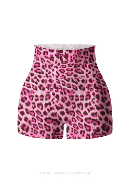 Pink Leopard Y2K Print Yoga Shorts Cherrykitten