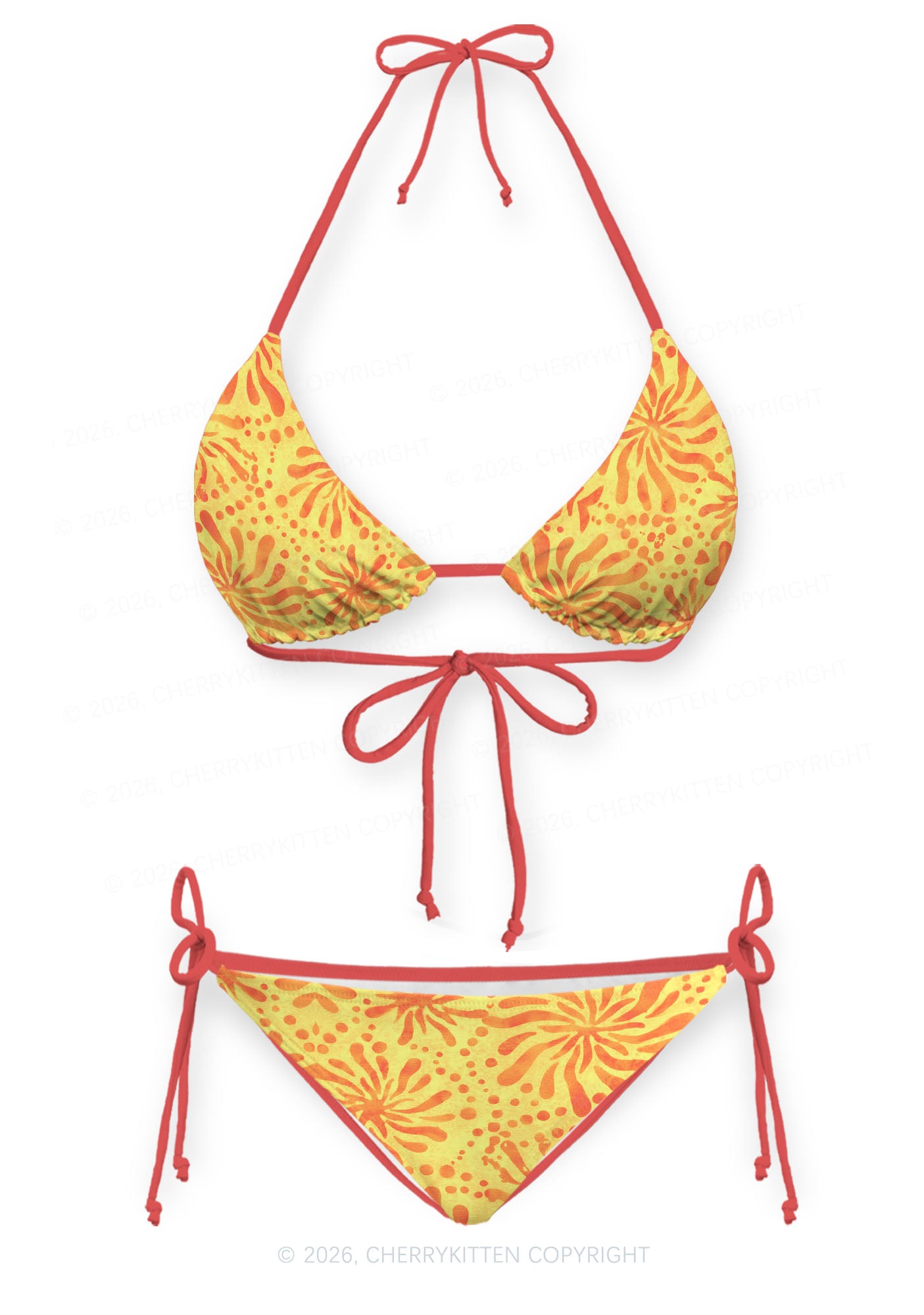 Orange Sunburst Floral Y2K Print Bikini Set Cherrykitten