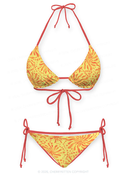 Orange Sunburst Floral Y2K Print Bikini Set Cherrykitten