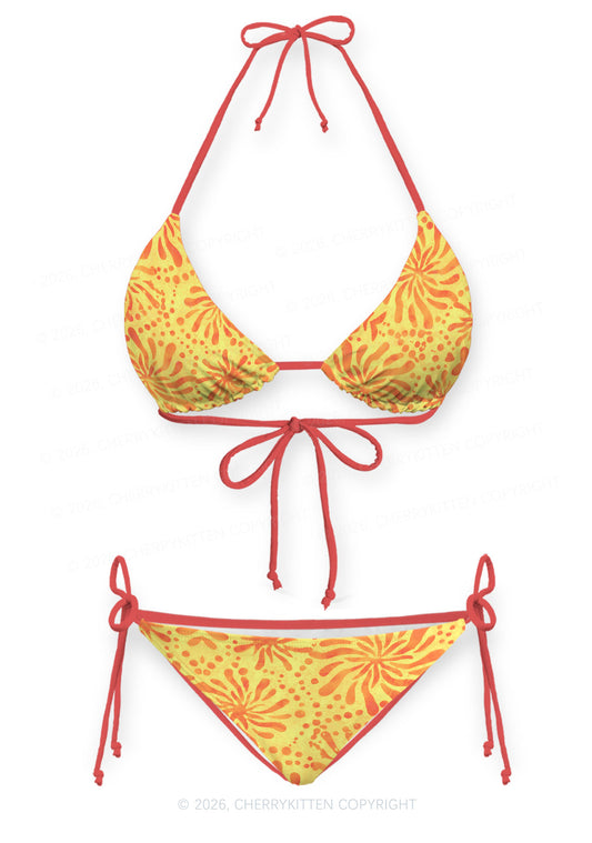 Orange Sunburst Floral Y2K Print Bikini Set Cherrykitten