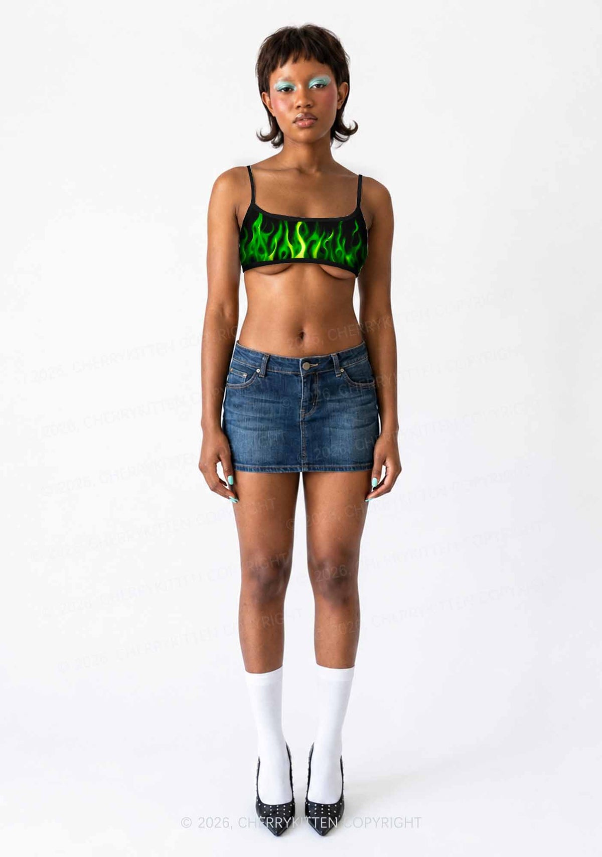 Neon Green Flame Y2K Print Super Crop Cami Cherrykitten