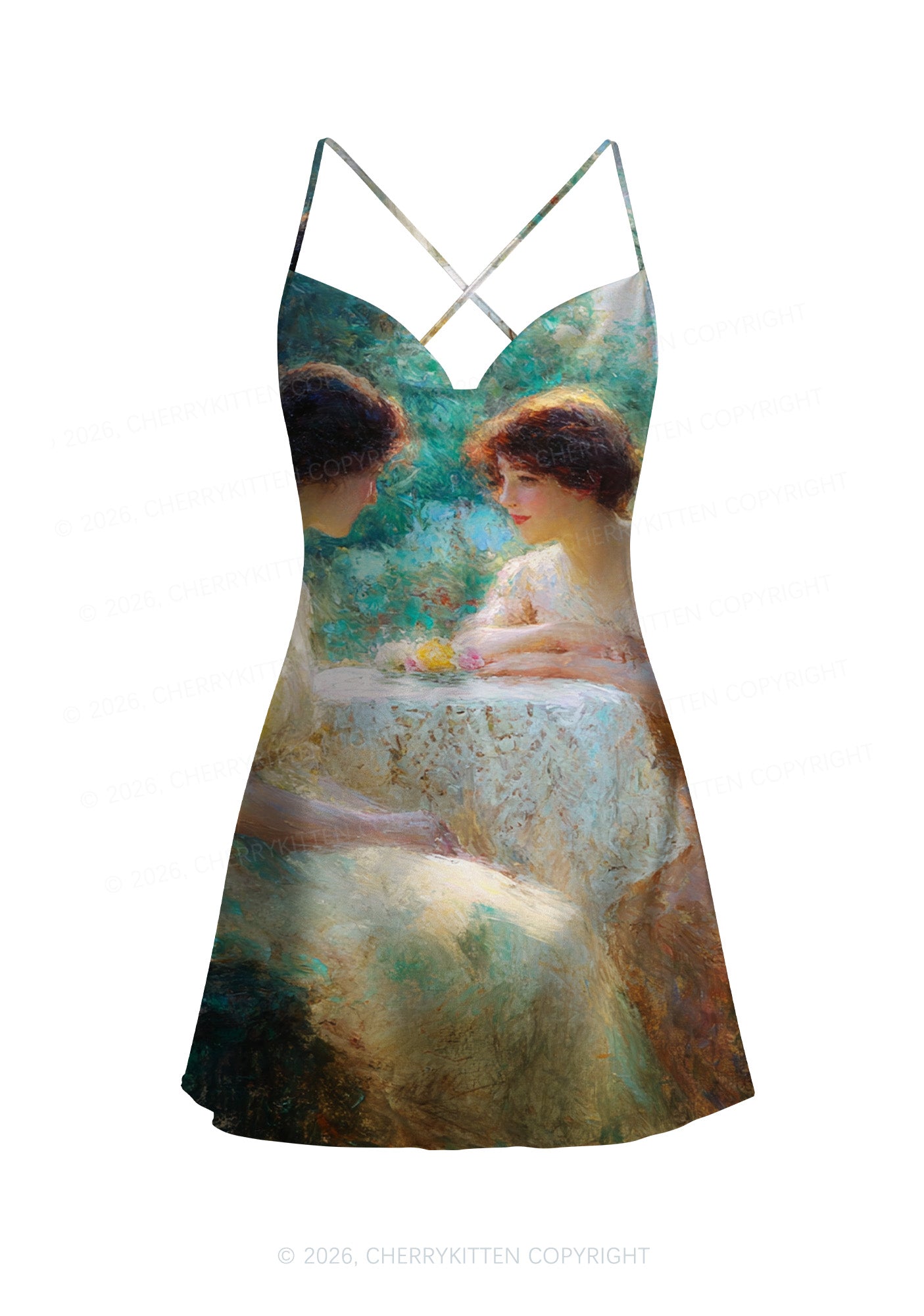 Garden Tea Scene Art Pride Y2K Print Satin Cowl Neck Slip Dress Cherrykitten