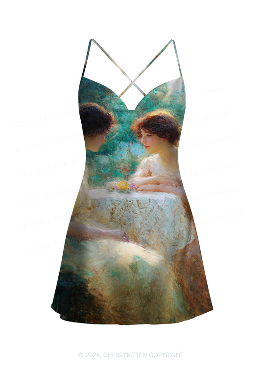 Garden Tea Scene Art Pride Y2K Print Satin Cowl Neck Slip Dress Cherrykitten
