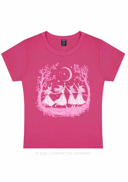 Halloween Witches Dancing Under Moon Y2K Baby Tee Cherrykitten