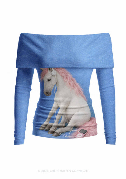 Pink Mane Horse With Headphones Y2K Off Shoulder Fold Over Knit Top Cherrykitten
