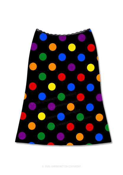 Rainbow Dots On Black Pride Y2K Print Midi Skirt Cherrykitten