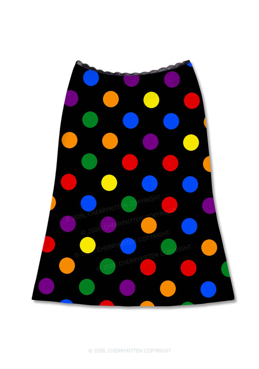 Rainbow Dots On Black Pride Y2K Print Midi Skirt Cherrykitten