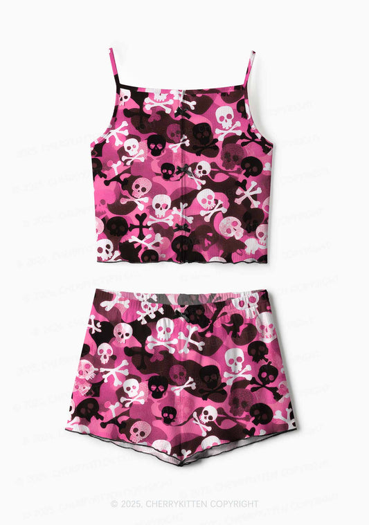 Halloween Pink Camouflage Skull Y2K Print Cami Shorts Pajama Set Cherrykitten