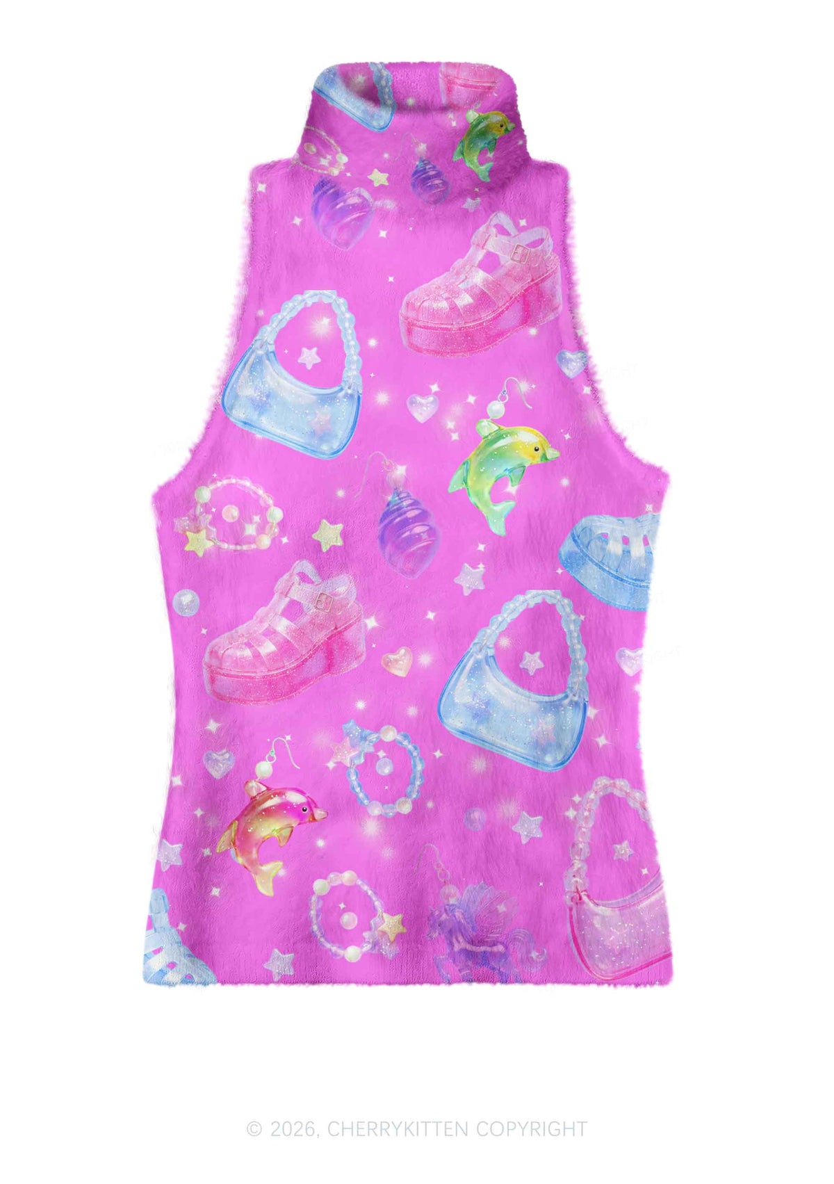 Hot Pink Jelly Charms Y2K Knit Turtleneck Tank Top Cherrykitten