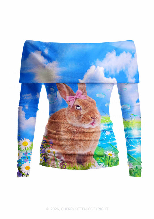 Rolling Eyes Bunny Y2K Off Shoulder Fold Over Knit Top Cherrykitten
