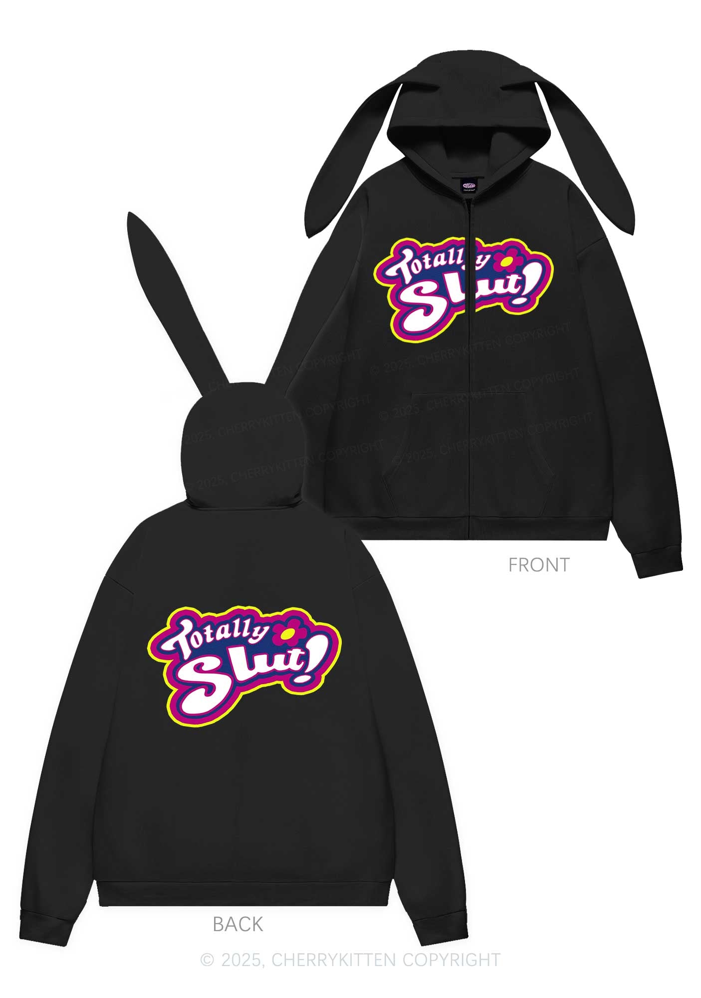 Totally Slxt Y2K Bunny Ear Zip Hoodie Cherrykitten