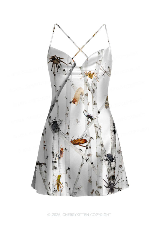 Insects On Birch Y2K Print Satin Cowl Neck Slip Dress Cherrykitten