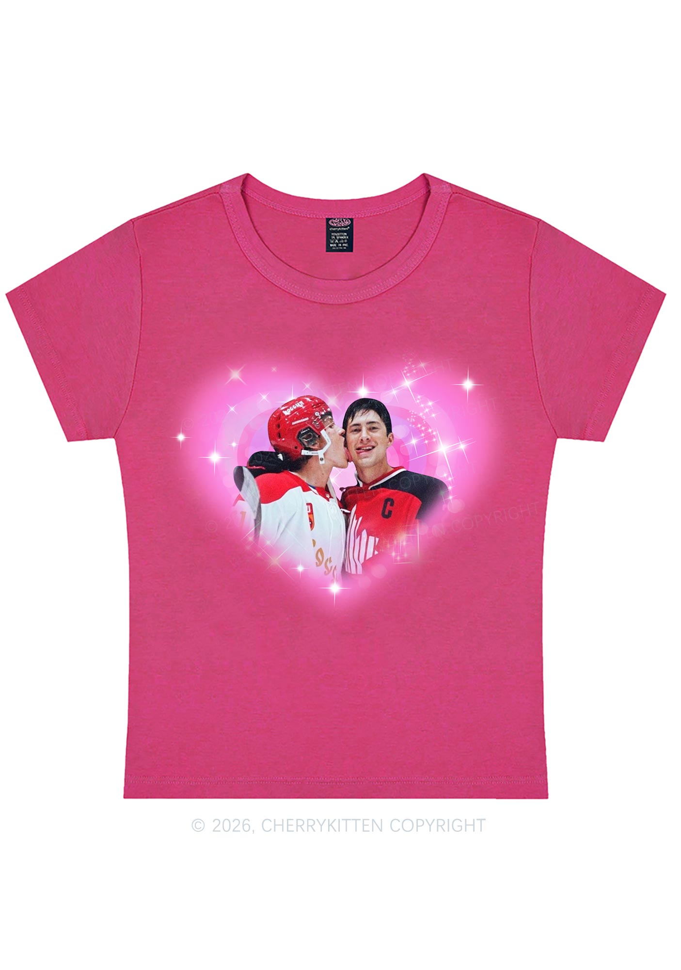 Sparkle Pink Heart Kissing Y2K Baby Tee Cherrykitten